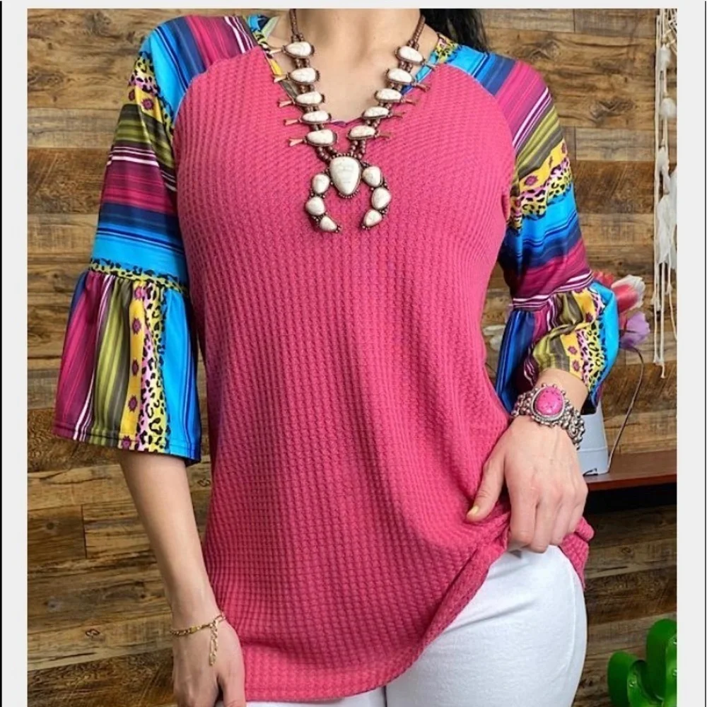 Ruffle Bell Short Sleeves Fuchsia Size Small
